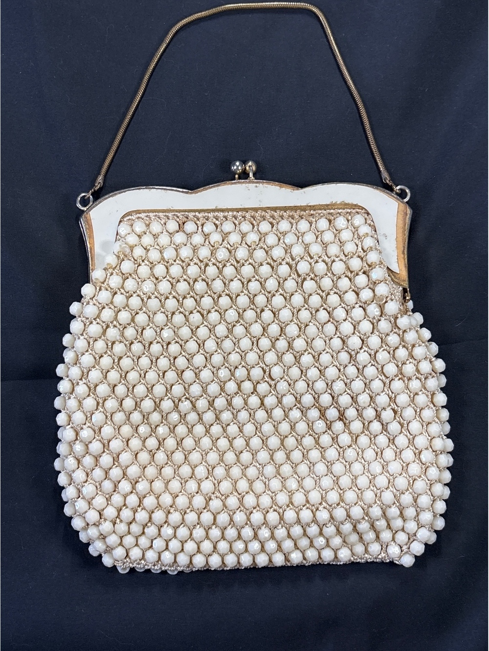Vintage Rare 1950s 60s Ivory Beaded Evening Bag Purse Kiss Lock Handbag